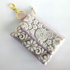 インド刺繍リボン ◎フェイクレザー◎フラットミニポーチ◎キーホルダー
