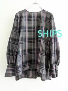【美品】SHIPS グレー✕ピンク　チェック織柄　ノーカラープルオーバー