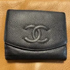 CHANEL キャビアスキン 三つ折り財布 財布 ブラック