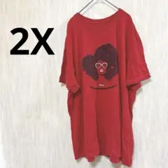 【2X】 アフロヘア ガール プリント Tシャツ 赤 半袖 オーバーサイズ 古着