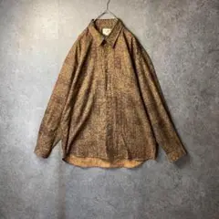 vintage 長袖シャツ　柄シャツ　古着　ブラウン　総柄　レトロ