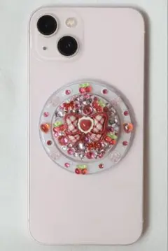 赤チェックリボンMagSafeスマホグリップ ポップソケッツ ハンドメイド