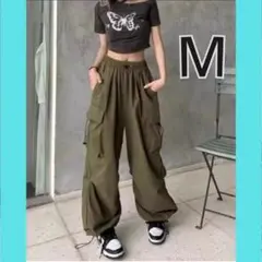 【グリーン/M】カーゴ ワイドボトムス レディースパンツ ブラック　グリーン