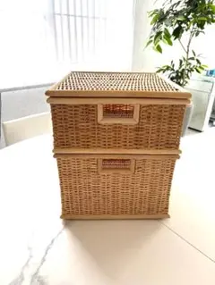 無印良品　重なるブリ材長方形バスケット2個セット 蓋付 ラタン製2段収納