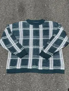 90s vintage ダークグリーン チェック柄 ニットセーター