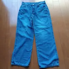 青 ワイドレッグデニムパンツ