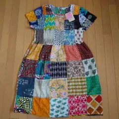 カラフルパッチワーク半袖ワンピース M