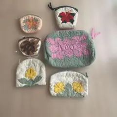 ハワイ購入ハワイアンキルト花柄刺繍 はポーチ6点セット
