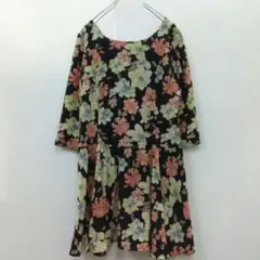 2『マーキュリービジュー』チュニック フレア 花柄 ペプラム ミニワンピ 黒