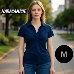 【美品】NARACAMICIE 綿シャツ 紺 ストレッチ半袖 サイズⅡ