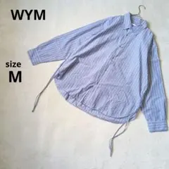 美品　WYM 　長袖シャツMサイズ　青系ストライプ　裁ち切り　ゆったり　中国製