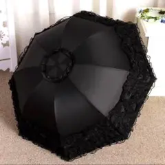 折りたたみ傘 黒 日傘　レース フリル ゴスロリ ロリータ パラソル 雨晴