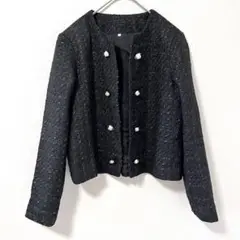 ◉ノーカラージャケット　M　黒×ラメ×ツイード　長袖　裏地あり　金ボタン　丸首