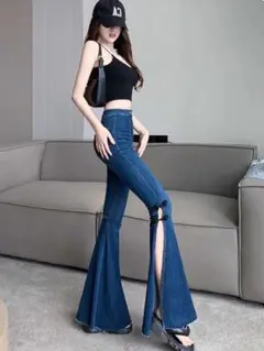 フレアデニム　タイトパンツ✭深スリットで魅力度UP✨夏秋デートに最適！