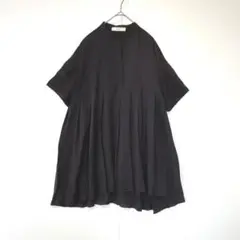 エーアイシー　プリーツブラウス　バンドカラー　半袖　チュニック　Aライン　黒　M