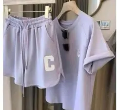 パープル フリーサイズ セットアップ ルームウェア 部屋着 ハーフパンツ