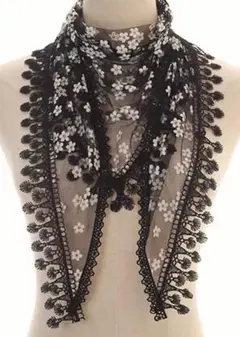 黒と白の花柄スカーフ レース ストール クラシックカジュアル 雑貨