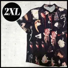半袖シャツ 妖怪 お化け 浮世絵 和柄 黒 総柄アロハ オーバーサイズ個性2XL