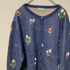 lepétale クルーネック花柄ニットカーディガン(F)ネイビー大人かわいい