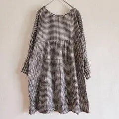 【良品計画】（M）ギンガムチェックチュニック丈五分袖シャツ/ゆったり/体型カバー