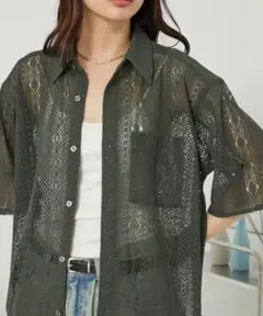 試着のみ　MONO-MART　レースシアールーズ半袖シャツ オリーブ M