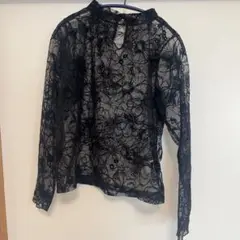 ノーブランド ブラックレース 花柄 長袖 ブラウス Mサイズ