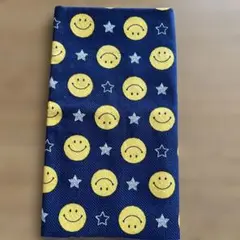 ハギレ　スマイリーフェイス生地　ニコちゃん、スマイルと星　ネイビー／イエロー