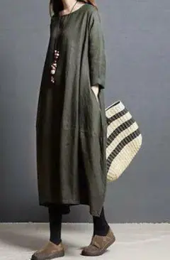 夏！日焼け防止！　L 体型カバー　マキシバルーンワンピース　 モスグリーン 01