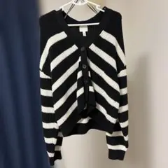H&M 黒と白のストライプ ニットカーディガン Mサイズ