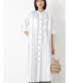 HUMAN WOMAN シャツワンピース ロング ホワイト ストライプ Mサイズ