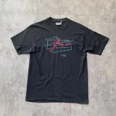 80s Hanes テニス プリントTシャツ USA製 古着 ブラック 短丈 L