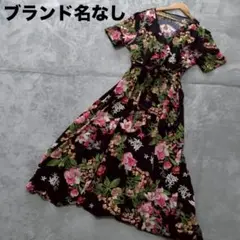 【ブランド名なし】 花柄 半袖 ロングワンピース ブラック