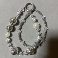 シルバークリスタルビーズスマホストラップ
