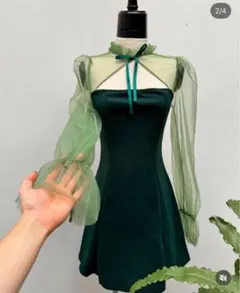 ダークグリーン パーティードレス シフォン　シースルー