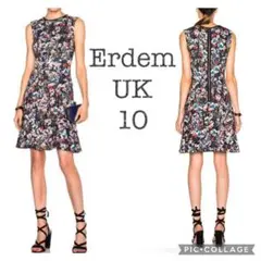 Erdemの黒地にピンク、赤、青、ベージュの花柄が映えるドレス