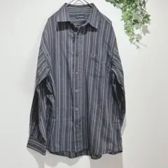 【トロイ】メンズ　グレー系ストライプ 長袖シャツ　Lサイズ