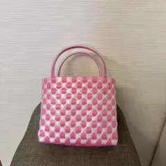 ピンク チェック柄 かごバッグ