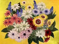 花の絵 アクリル画 原画「オステオスペルマムとフランネルフラワーの花束」F3