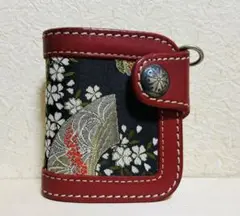 花山　カザン　ハーフウォレット　バイカー　金襴　刺繍　和柄　赤色　レッド