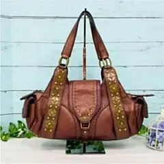 COLE HAAN スタッズ本革ショルダーバッグ メタリックボルドー ほぼ未使用