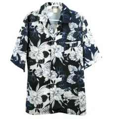 新品/匿名/メンズ 半袖アロハシャツ 開襟 ハイビ＆葉柄 サラサラ生地L位紺＆白