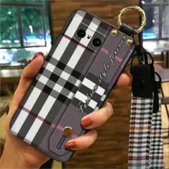 Google Pixel 8　スマホケース　薄型　ストラップ付　グレー格子
