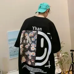 ニコちゃん フラワー メンズ 半袖 Tシャツ 韓国 ストリート ブラック