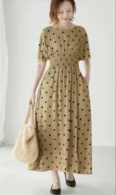 ROPE' PICNIC ドット柄シャーリングワンピースベージュMサイズ