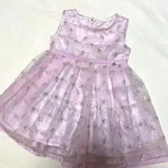【美品】mezzo piano ピンク花柄刺繍チュールワンピース 90