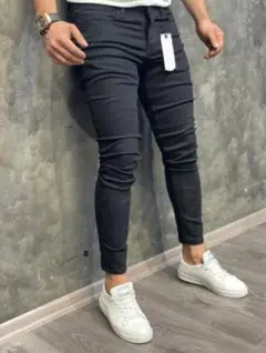 【ブラックL】メンズ　スキニーパンツ　デニム