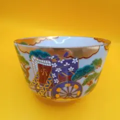 京焼　鈴木清安作　色絵金彩　仁清　菖蒲文　数茶碗　十客　共箱　V　R7058B 京焼 鈴木清安作 色絵金彩 仁清 菖蒲文 数茶碗 十客 共