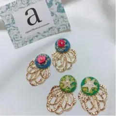 2291-1 2way☺︎ブルーとピンクのフラワーピアス×ゴールドフラワー☺︎