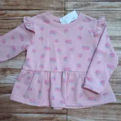 新品 未使用 イチゴ 総柄 吸汗速乾 裏毛 袖フリルトレーナー 女の子 100