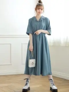 オープンカラー パイピング ワンピース ブルー Blue レディース